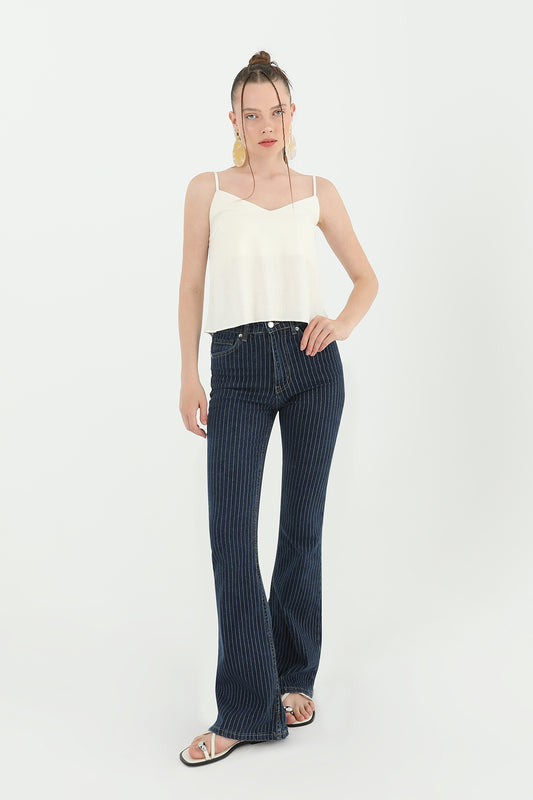 Soul Kadın Çizgili Bol Denim Pantolon