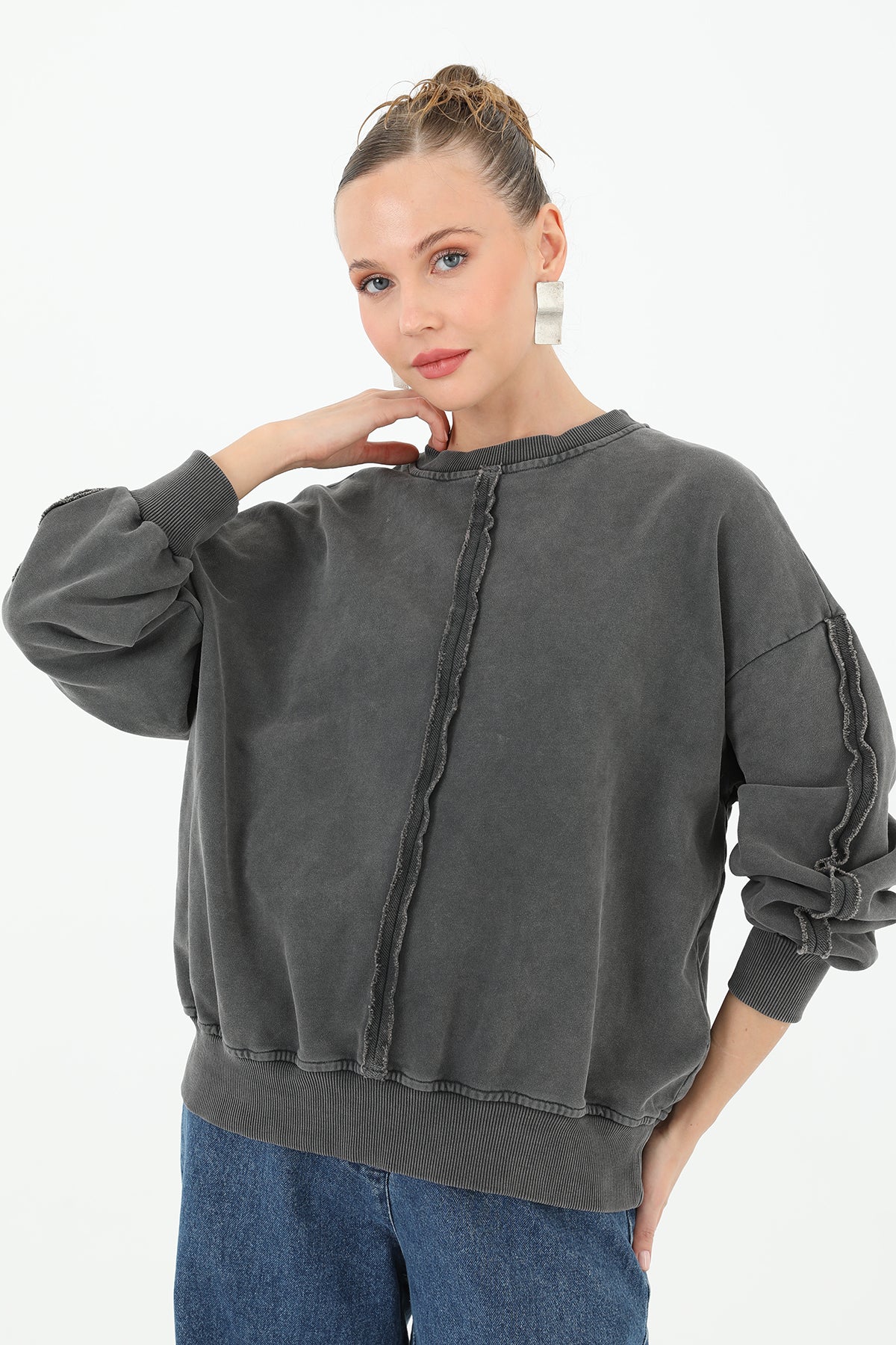 Soul Kadın Dikiş Detaylı Eskitme Sweatshirt