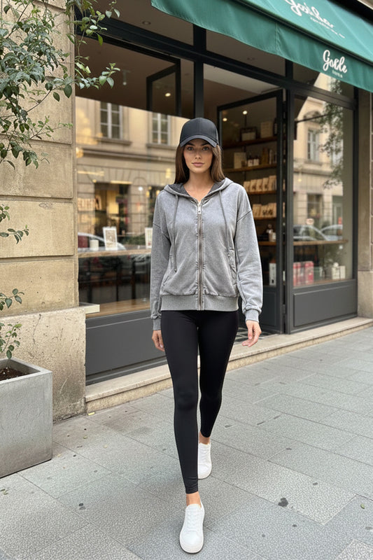 Soul Kadın Fermuarlı Kapüşonlu Eskitme Sweatshirt