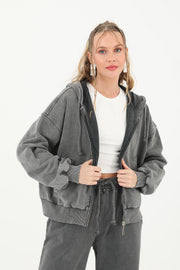 Soul Kadın Fermuarlı Kapüşonlu Eskitme Sweatshirt