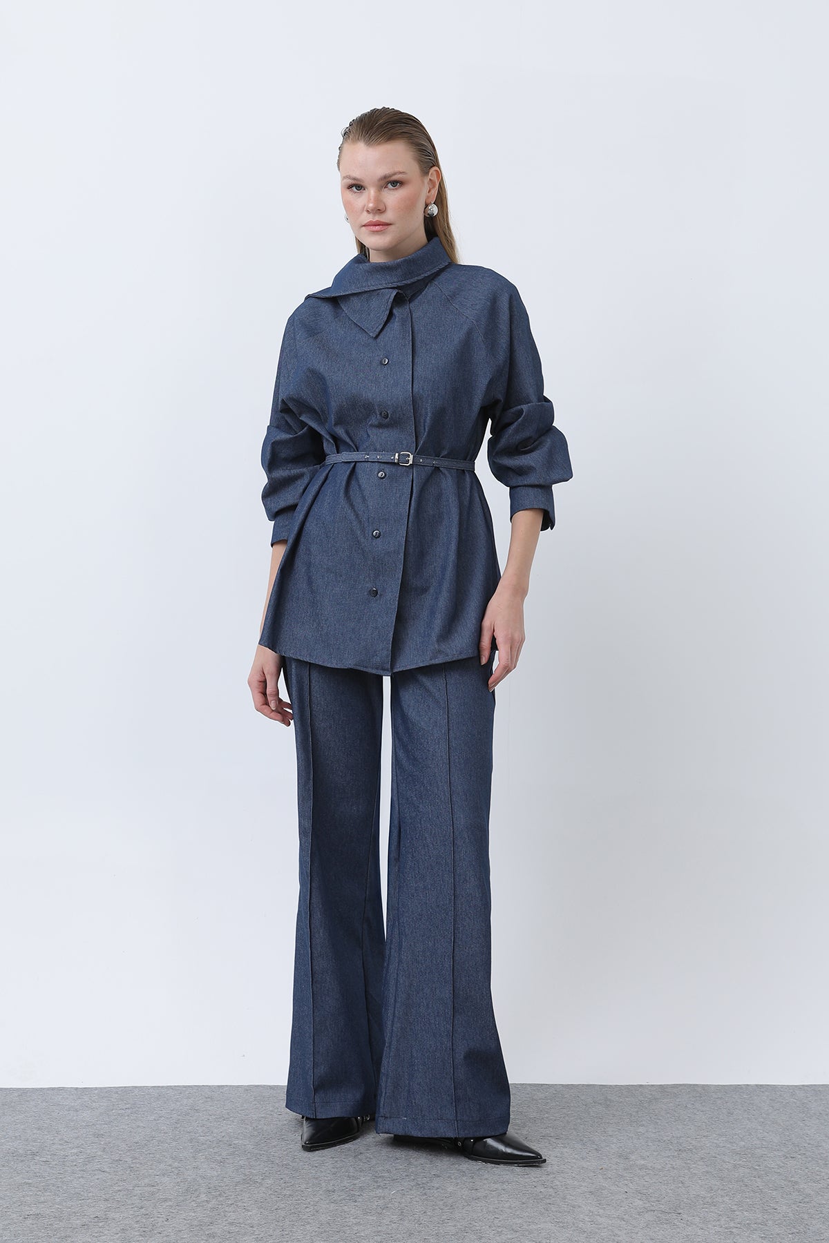 Loreen Kadın Kruvaze Yaka Kemerli Denim Pantolon Takım