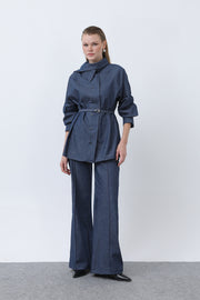 Loreen Kadın Kruvaze Yaka Kemerli Denim Pantolon Takım
