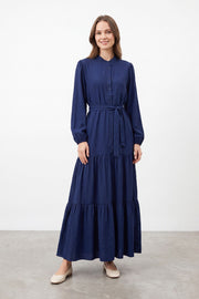 Hakim Yaka Kuşaklı Maxi Elbise