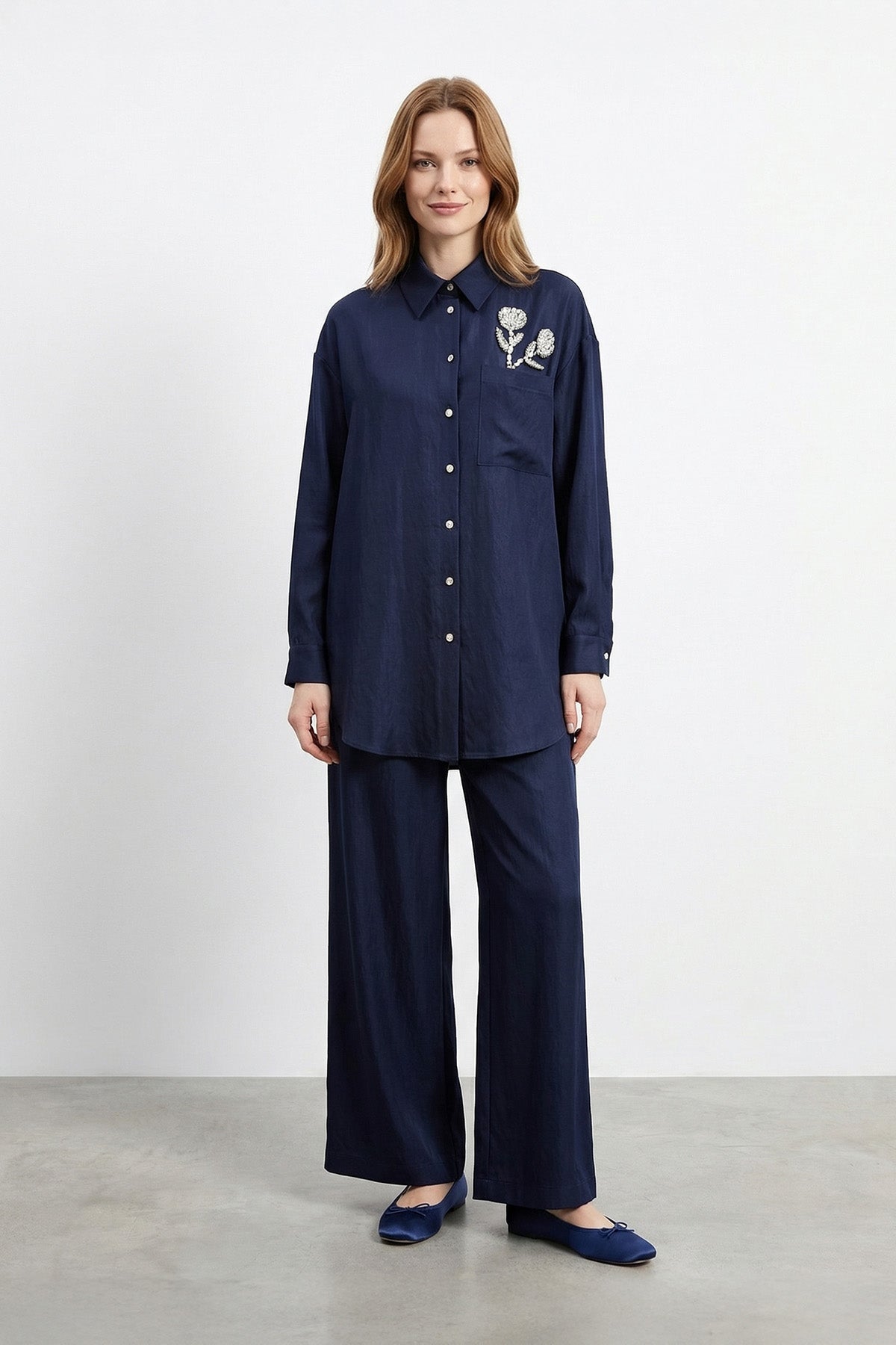 Puane Kadın Yaka Taş İşleme Detaylı Denim Takım