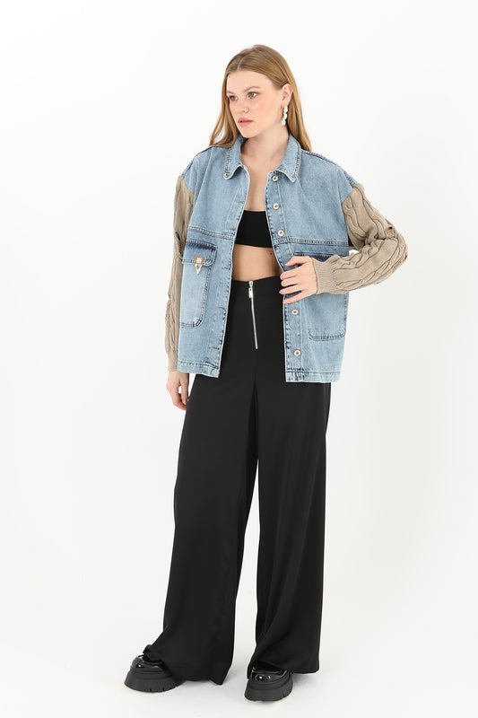 Soul Kadın Triko Kol Detaylı Denim Ceket